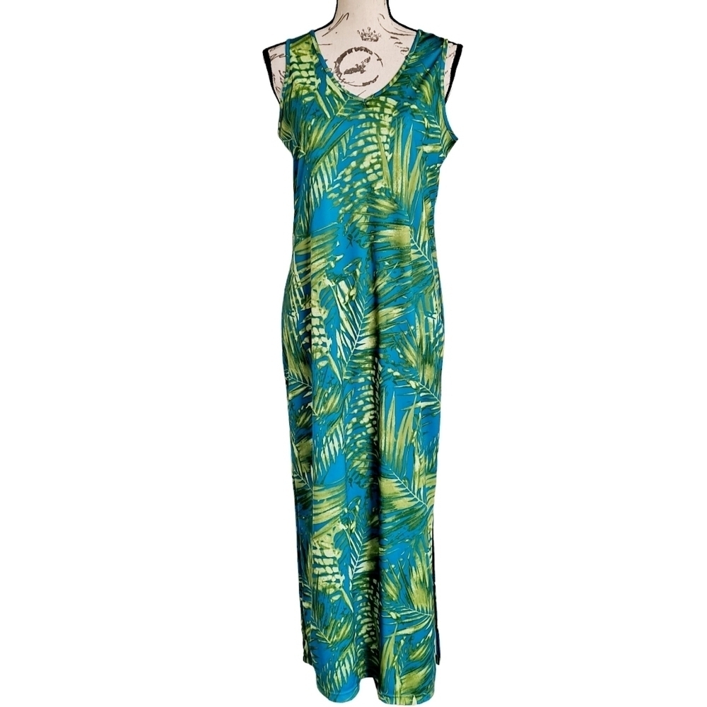 VTG Hilo Hattie Hawaiian Tropical Palm Print Sleeveless Maxi Dress Resort Beach